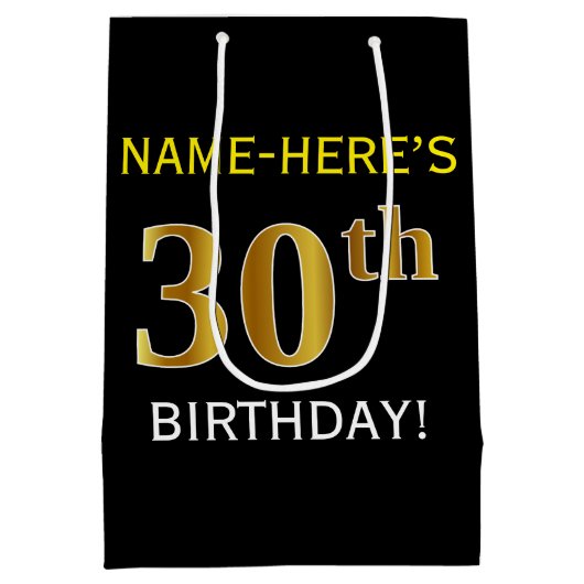 ブラック、フェイク金ゴールド30歳の誕生日+名前をカスタムする ミディアムペーパーバッグ (裏面)
