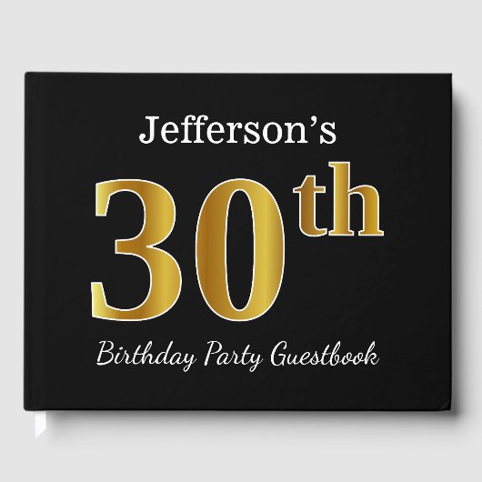 ブラック、フェイク金ゴールド30th誕生日パーティー+名前をカスタムする ゲストブック (正面)