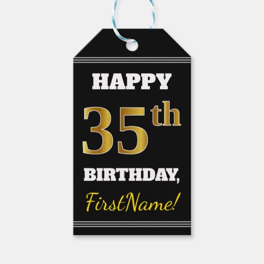 ブラック、フェイク金ゴールド35番目の誕生日+名前をカスタムする ギフトタグ (正面)
