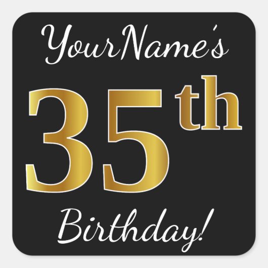 ブラック、フェイク金ゴールド35番目の誕生日+名前をカスタムする スクエアシール (正面)
