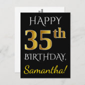 ブラック、フェイク金ゴールド35番目の誕生日+名前をカスタムする ポストカード (正面/裏面)
