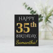 ブラック、フェイク金ゴールド35番目の誕生日+名前をカスタムする ポストカード (スタンド正面)