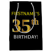 ブラック、フェイク金ゴールド35番目の誕生日+名前をカスタムする ミディアムペーパーバッグ (正面)