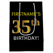 ブラック、フェイク金ゴールド35番目の誕生日+名前をカスタムする ミディアムペーパーバッグ (裏面)