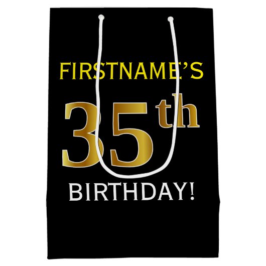 ブラック、フェイク金ゴールド35番目の誕生日+名前をカスタムする ミディアムペーパーバッグ (裏面)