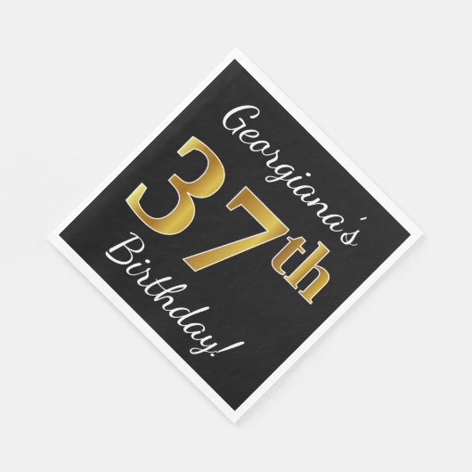 ブラック、フェイク金ゴールド37番目の誕生日+名前をカスタムする スタンダードランチョンナプキン (角)