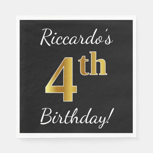 ブラック、フェイク金ゴールド4歳の誕生日+名前をカスタムする スタンダードランチョンナプキン (正面)