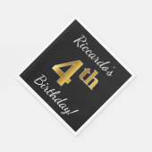 ブラック、フェイク金ゴールド4歳の誕生日+名前をカスタムする スタンダードランチョンナプキン (角)