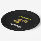 ブラック、フェイク金ゴールド4歳の誕生日+名前をカスタムする ペーパープレート (アングル)