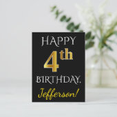 ブラック、フェイク金ゴールド4歳の誕生日+名前をカスタムする ポストカード (スタンド正面)