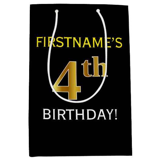 ブラック、フェイク金ゴールド4歳の誕生日+名前をカスタムする ミディアムペーパーバッグ (正面)