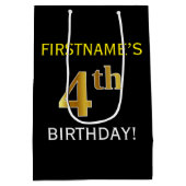 ブラック、フェイク金ゴールド4歳の誕生日+名前をカスタムする ミディアムペーパーバッグ (裏面)