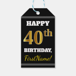 ブラック、フェイク金ゴールド40歳の誕生日+名前をカスタムする ギフトタグ