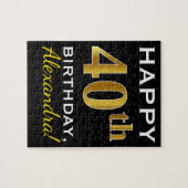 ブラック、フェイク金ゴールド40歳の誕生日+名前をカスタムする ジグソーパズル (横)