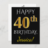 ブラック、フェイク金ゴールド40歳の誕生日+名前をカスタムする ポストカード (正面/裏面)