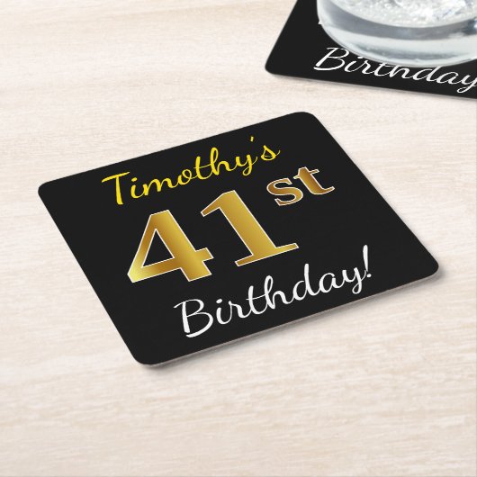 ブラック、フェイク金ゴールド41番目の誕生日+名前をカスタムする スクエアペーパーコースター (アングル)