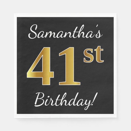 ブラック、フェイク金ゴールド41番目の誕生日+名前をカスタムする スタンダードランチョンナプキン (正面)