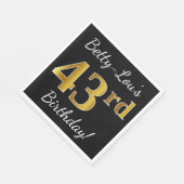 ブラック、フェイク金ゴールド43番目の誕生日+名前をカスタムする スタンダードランチョンナプキン (角)