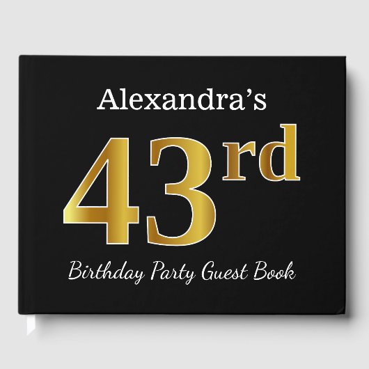 ブラック、フェイク金ゴールド43rd誕生日パーティー+名前をカスタムする ゲストブック (正面)