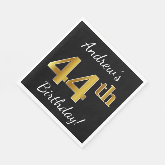 ブラック、フェイク金ゴールド44番目の誕生日+名前をカスタムする スタンダードランチョンナプキン (角)