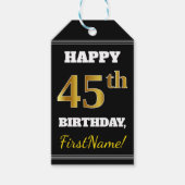 ブラック、フェイク金ゴールド45番目の誕生日+名前をカスタムする ギフトタグ (正面)