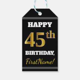 ブラック、フェイク金ゴールド45番目の誕生日+名前をカスタムする ギフトタグ