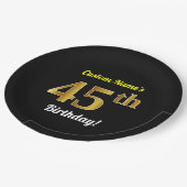 ブラック、フェイク金ゴールド45番目の誕生日+名前をカスタムする ペーパープレート (アングル)