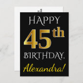 ブラック、フェイク金ゴールド45番目の誕生日+名前をカスタムする ポストカード (正面/裏面)