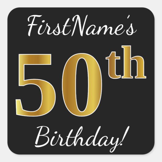 ブラック、フェイク金ゴールド50番目の誕生日+名前をカスタムする スクエアシール (正面)
