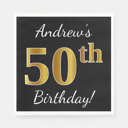 ブラック、フェイク金ゴールド50番目の誕生日+名前をカスタムする スタンダードランチョンナプキン (正面)