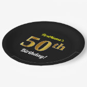 ブラック、フェイク金ゴールド50番目の誕生日+名前をカスタムする ペーパープレート (アングル)