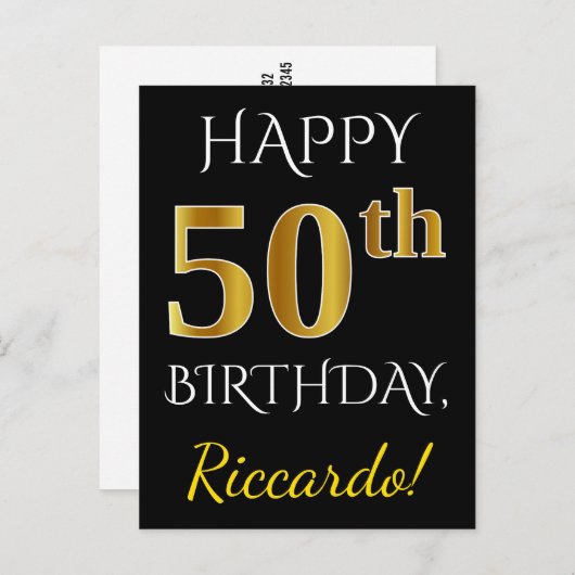 ブラック、フェイク金ゴールド50番目の誕生日+名前をカスタムする ポストカード