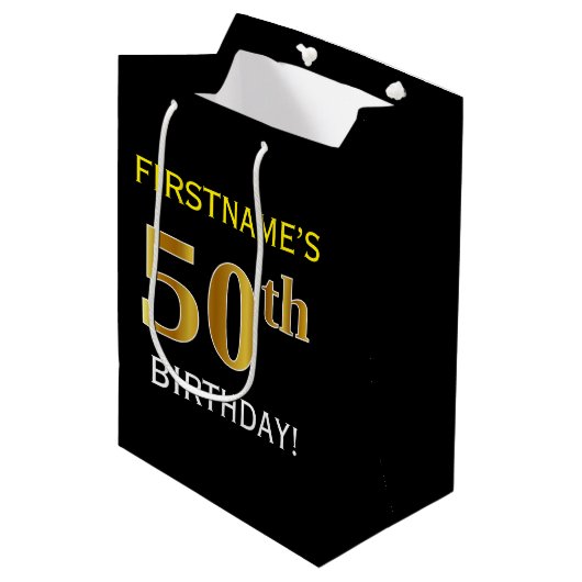 ブラック、フェイク金ゴールド50番目の誕生日+名前をカスタムする ミディアムペーパーバッグ (正面アングル)
