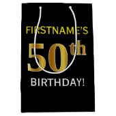 ブラック、フェイク金ゴールド50番目の誕生日+名前をカスタムする ミディアムペーパーバッグ (正面)