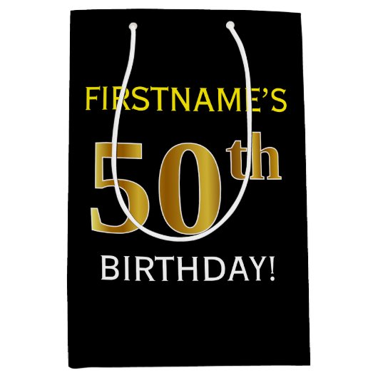 ブラック、フェイク金ゴールド50番目の誕生日+名前をカスタムする ミディアムペーパーバッグ (正面)