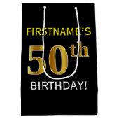 ブラック、フェイク金ゴールド50番目の誕生日+名前をカスタムする ミディアムペーパーバッグ (裏面)
