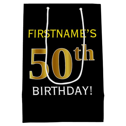 ブラック、フェイク金ゴールド50番目の誕生日+名前をカスタムする ミディアムペーパーバッグ (裏面)