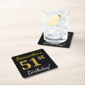 ブラック、フェイク金ゴールド51番目の誕生日+名前をカスタムする スクエアペーパーコースター (インサイチュ)