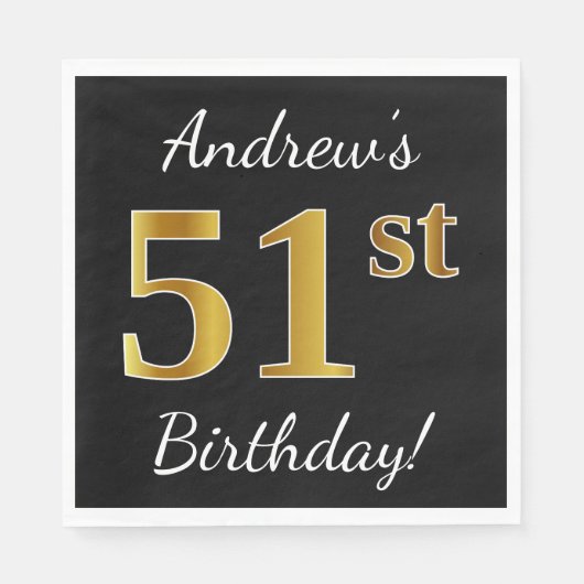 ブラック、フェイク金ゴールド51番目の誕生日+名前をカスタムする スタンダードランチョンナプキン (正面)