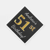 ブラック、フェイク金ゴールド51番目の誕生日+名前をカスタムする スタンダードランチョンナプキン (角)