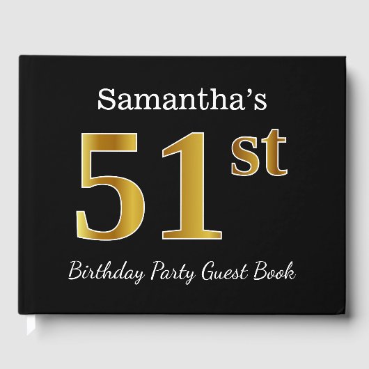 ブラック、フェイク金ゴールド51st誕生日パーティー+名前をカスタムする ゲストブック (正面)