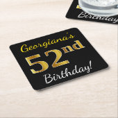ブラック、フェイク金ゴールド52番目の誕生日+名前をカスタムする スクエアペーパーコースター (アングル)