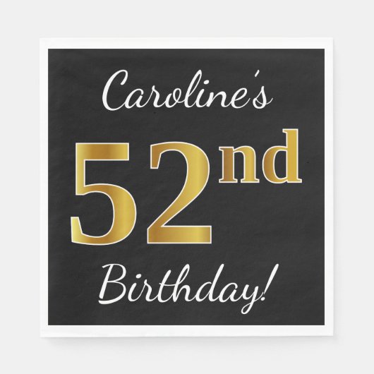 ブラック、フェイク金ゴールド52番目の誕生日+名前をカスタムする スタンダードランチョンナプキン (正面)