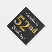 ブラック、フェイク金ゴールド52番目の誕生日+名前をカスタムする スタンダードランチョンナプキン (角)