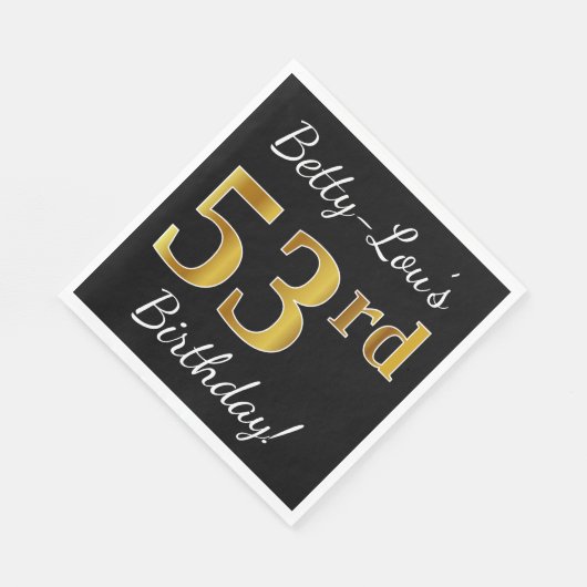 ブラック、フェイク金ゴールド53番目の誕生日+名前をカスタムする スタンダードランチョンナプキン (角)