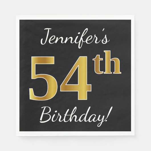 ブラック、フェイク金ゴールド54番目の誕生日+名前をカスタムする スタンダードランチョンナプキン (正面)