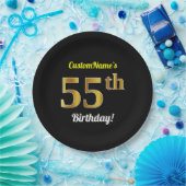 ブラック、フェイク金ゴールド55誕生日+名前をカスタムする ペーパープレート (パーティー)