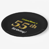 ブラック、フェイク金ゴールド55誕生日+名前をカスタムする ペーパープレート (アングル)