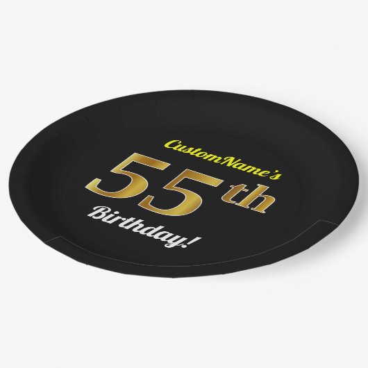 ブラック、フェイク金ゴールド55誕生日+名前をカスタムする ペーパープレート (アングル)
