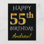 ブラック、フェイク金ゴールド55誕生日+名前をカスタムする ポストカード (正面)
